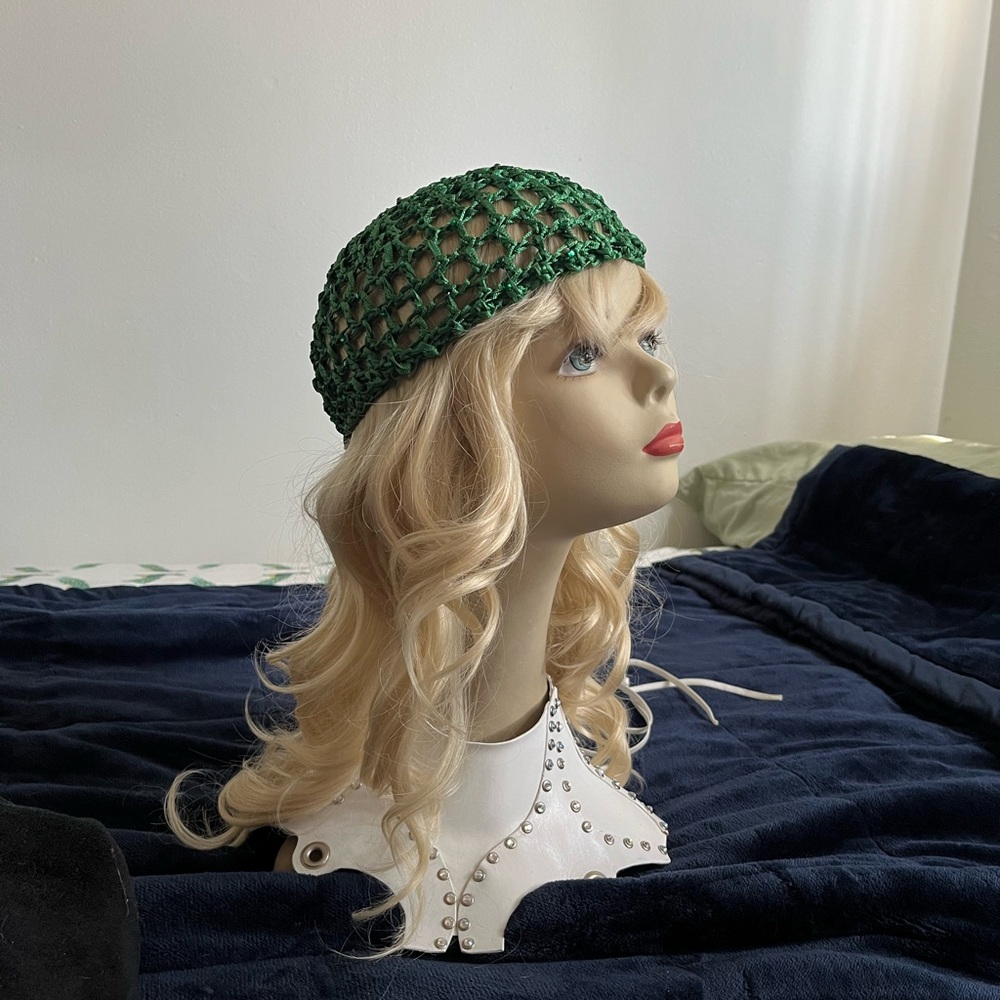 Green snood skull cap with emerald Swarovski